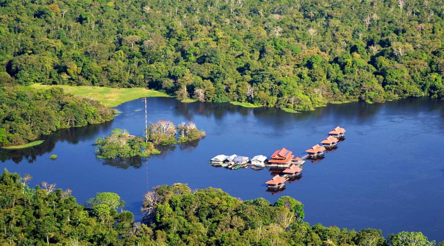 Uakari Lodge in Brazil surrounded by green land in the Amazon Rainforest